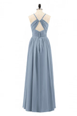 Dusty Blue Chiffon Cutout Back A-Line Long Bridesmaid Dress