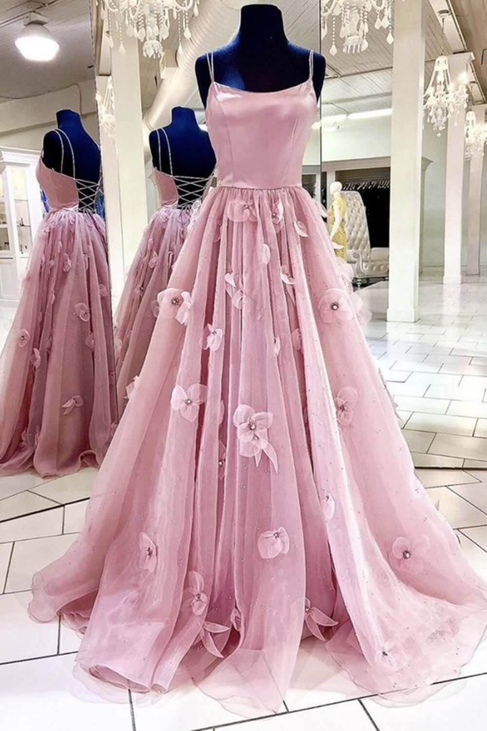 A Line Backless Pink Floral Long Prom Dresses,Formal Graduation Evening Dress Gala Dresses