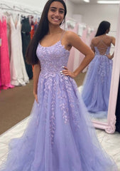 A Line Bateau Court Train Tulle Glitter Prom Dress With Appliqued Beading