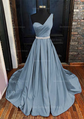 A Line One Shoulder Sleeveless Satin Long Floor Length Prom Dress With Beading Pleated