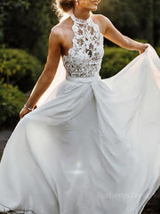 A-Line/Princess Halter Floor-Length Chiffon Wedding Dresses With Lace