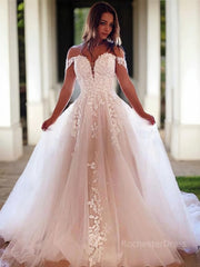A-Line/Princess Off-the-Shoulder Court Train Tulle Wedding Dresses