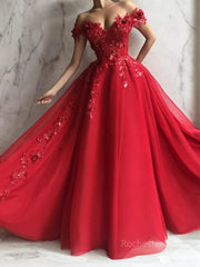 A-Line/Princess Off-the-Shoulder Floor-Length Tulle Prom Dresses With Appliques Lace