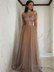 A-Line/Princess Off-the-Shoulder Floor-Length Tulle Prom Dresses With Flower