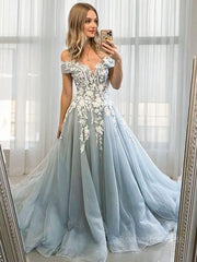 A-Line/Princess Off-the-Shoulder Sweep Train Tulle Prom Dresses With Appliques Lace