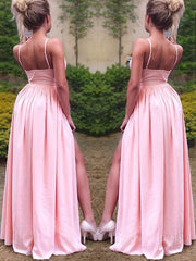 A-Line/Princess Straps Floor-Length Stretch Crepe Prom Dresses With Leg Slit