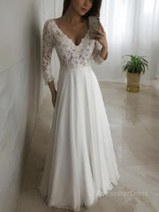 A-Line/Princess V-neck Floor-Length Chiffon Wedding Dresses With Appliques Lace