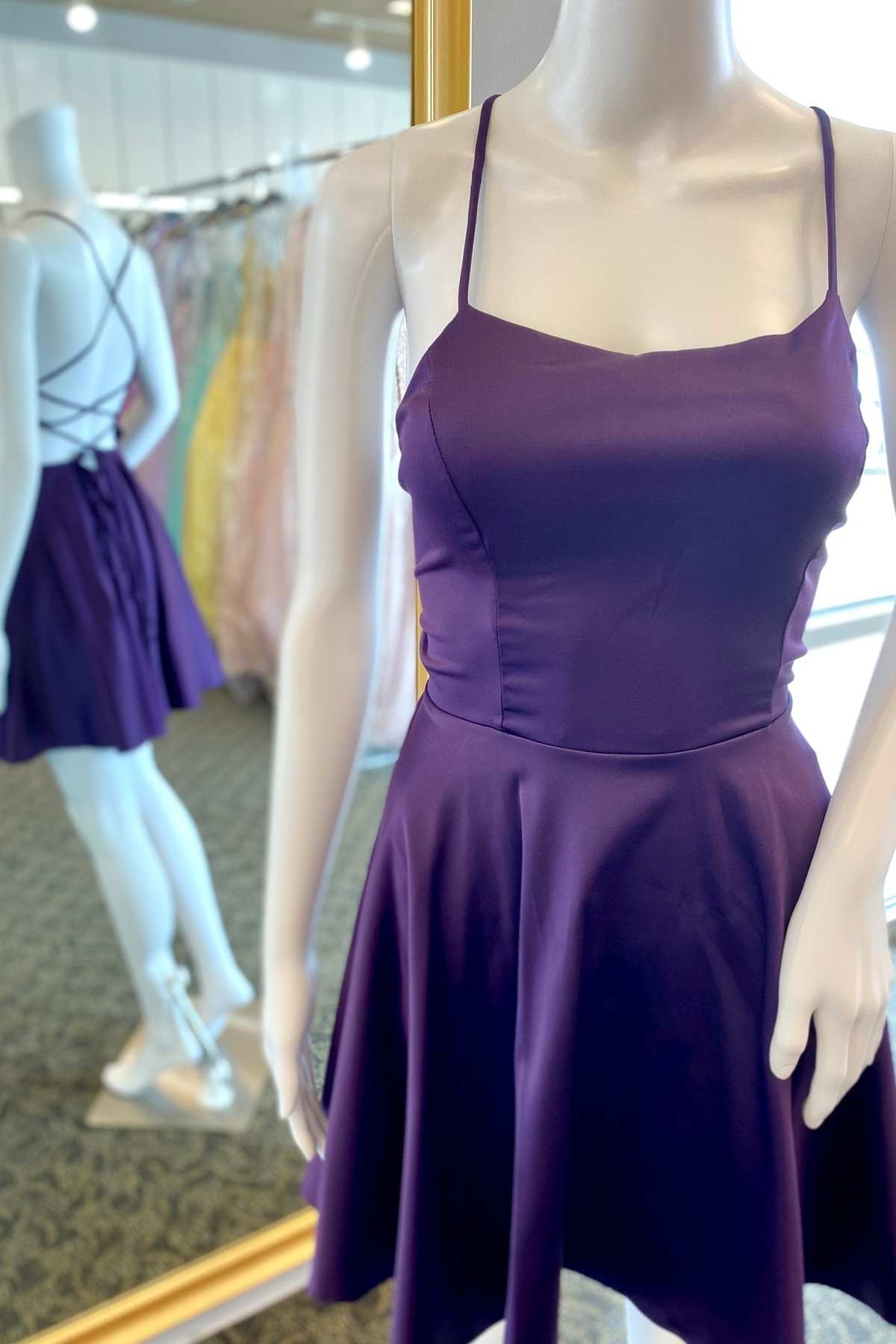 A-Line Purple Lace-Up Short Satin Homecoming Dresses