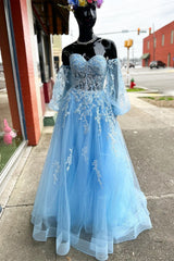 A-line Strapless Puff Long Sleeves Beaded Appliques Long Formal Prom Dress