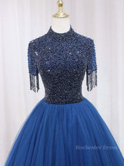 A-Line Tulle Blue Long Prom Dress, Blue Formal Evening Dress with Beading