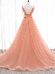 A-line Tulle Straps Low Back Long Wedding Party Dress, Pink Tulle Long Prom Dress
