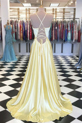 A Line V Neck Backless Yellow Satin Long Prom Dresses, Yellow Backless Formal Dresses, Yellow Evening Dresses