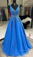 A Line V Neck Blue Lace Long Prom Dresses with Belt, Blue Lace Formal Evening Dresses