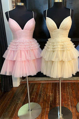 A-Line V-Neck Multi-Tiered Short Party Dress,Light Pink Cocktail Dresses Short