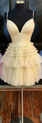 A-Line V-Neck Multi-Tiered Short Party Dress,Light Pink Cocktail Dresses Short