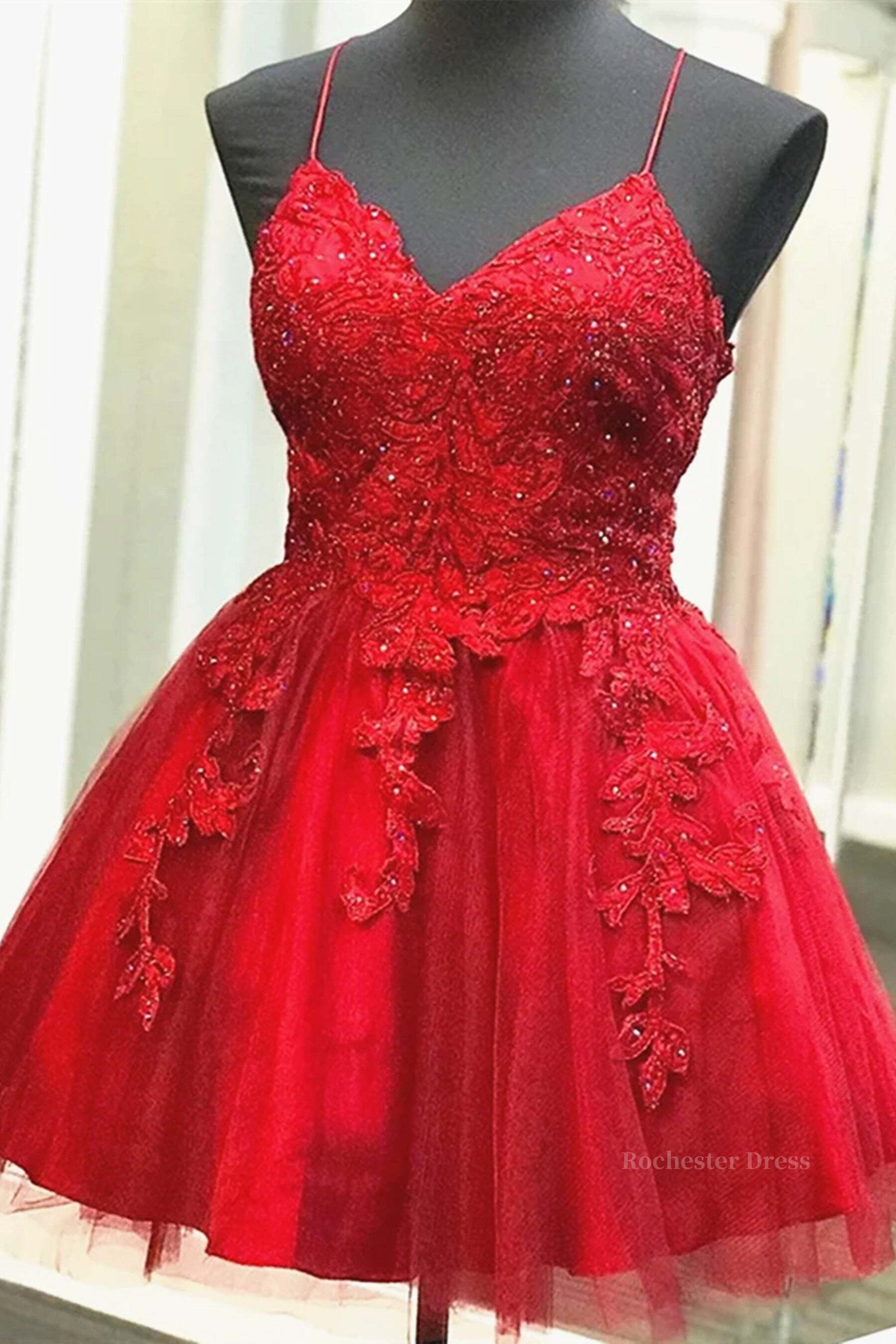 A Line V Neck Short Red Lace Prom Dresses, Short Red Lace Formal Homecoming Dresses