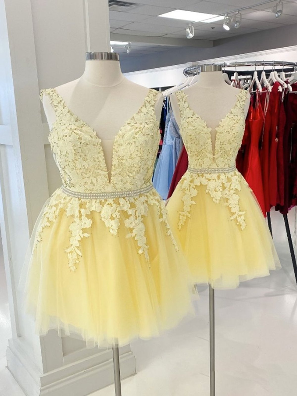 A Line V Neck Short Yellow Lace Prom Dresses, Short Yellow Lace Graduation Homecoming Dresses