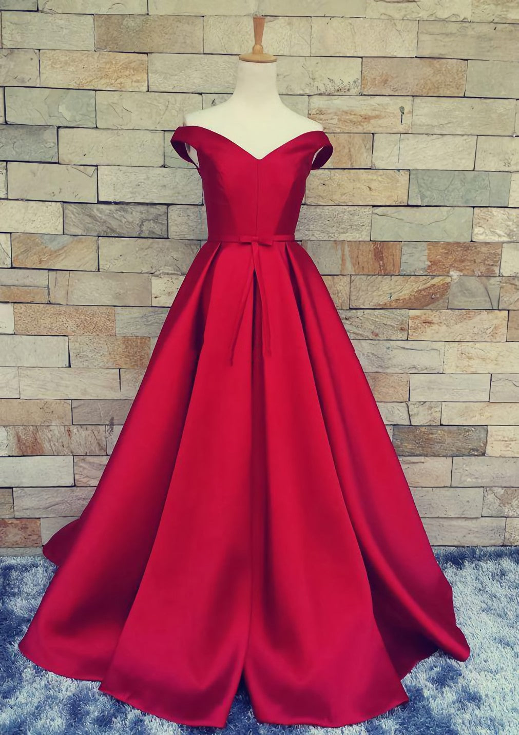 Ball Gown Off The Shoulder Sweep Train Satin Prom Dresses With Waistband