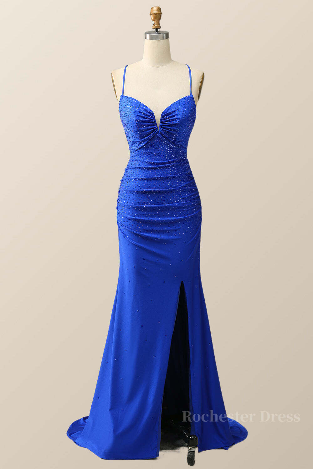 Beaded Royal Blue Satin Mermaid Long Formal Dress