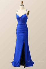 Beaded Royal Blue Satin Mermaid Long Formal Dress