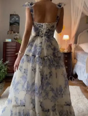 Beautiful Floral Print Chiffon Long Prom Dresses Evening Dress