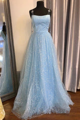 Beautiful Sky Blue Tulle Star A-line Long Prom Dress, Formal Dresses,maxi dresses