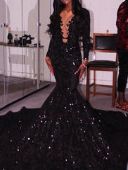 Black Deep V Neck Long Prom Dress , Mearmaid Prom Dress