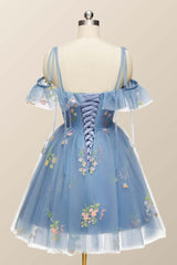 Blue Floral Ruffle A-line Homecoming Dress