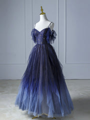Blue Gradient Tulle Long Prom Dress,Beautiful Spaghetti Strap Celebrity Dresses