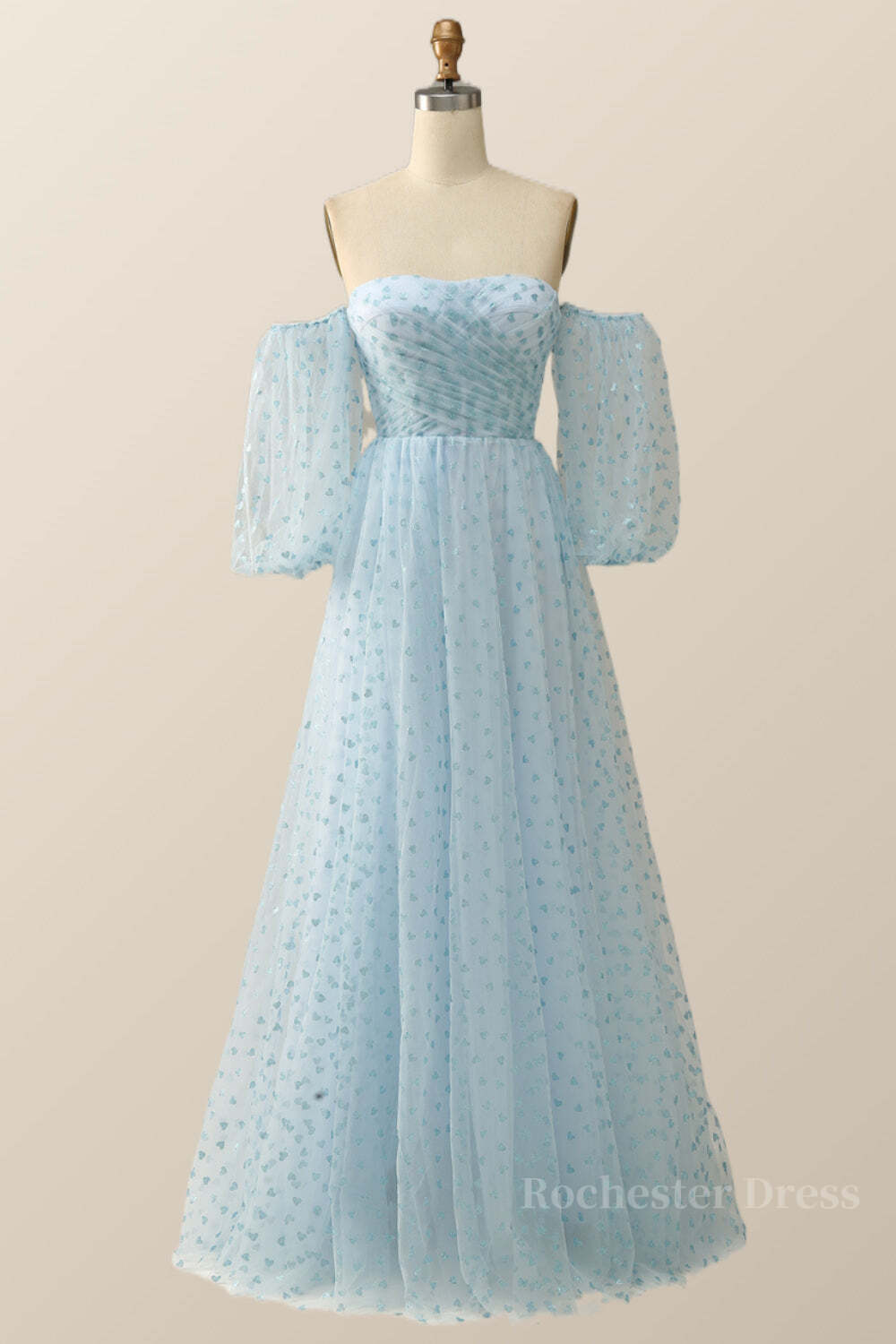 Blue Hearts Printed Tulle Long Formal Dress with Puffy Sleeves