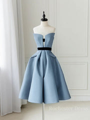 Blue satin short prom dress, blue homecoming dress