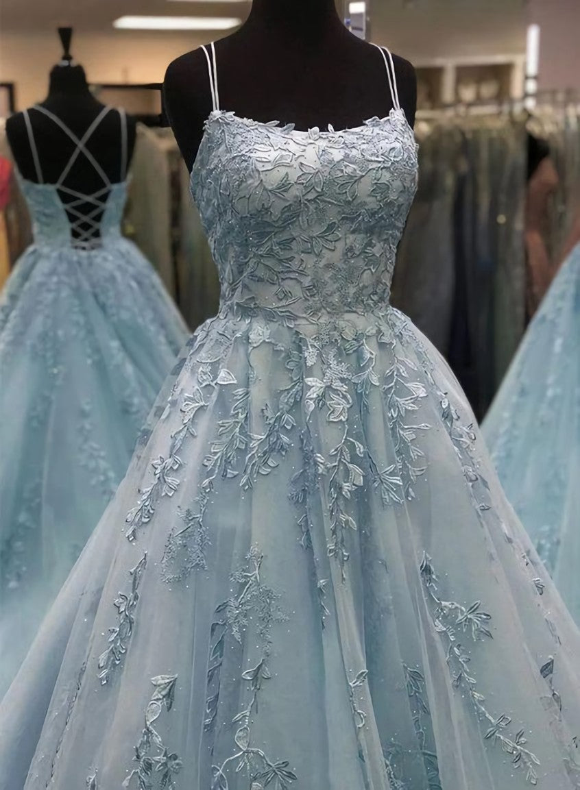 Blue tulle lace long prom dress, blue evening dresses