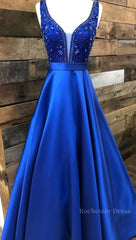 Blue v neck beads satin long prom dress, blue evening dress