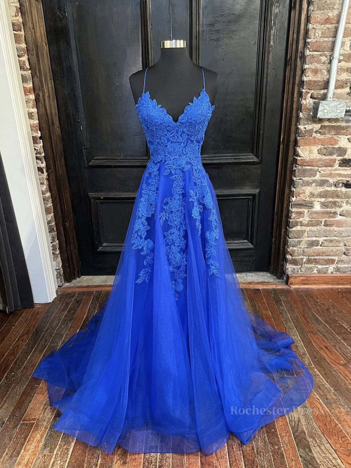 Blue v neck tulle lace long prom dress, blue lace bridesmaid dress