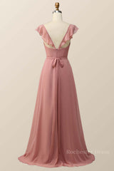 Blush Pink Ruffled Flare Sleeve Chiffon Long Bridesmaid Dress