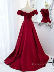 Burgundy A-Line Satin Long Prom Dress, Burgundy Formal Evening Dresses
