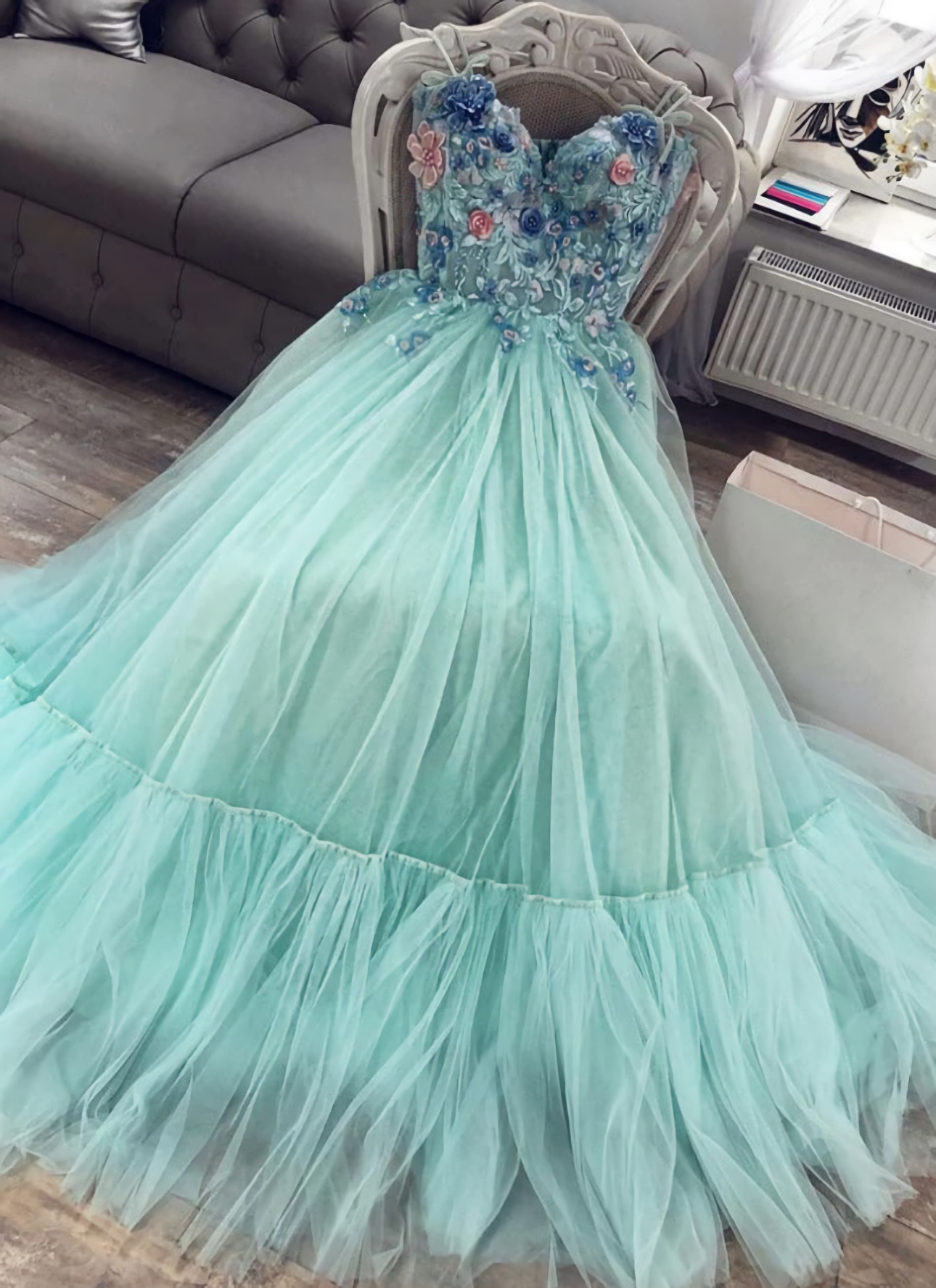 Green Sweetheart Tulle Lace Long Prom Dress, Green Evening Dress