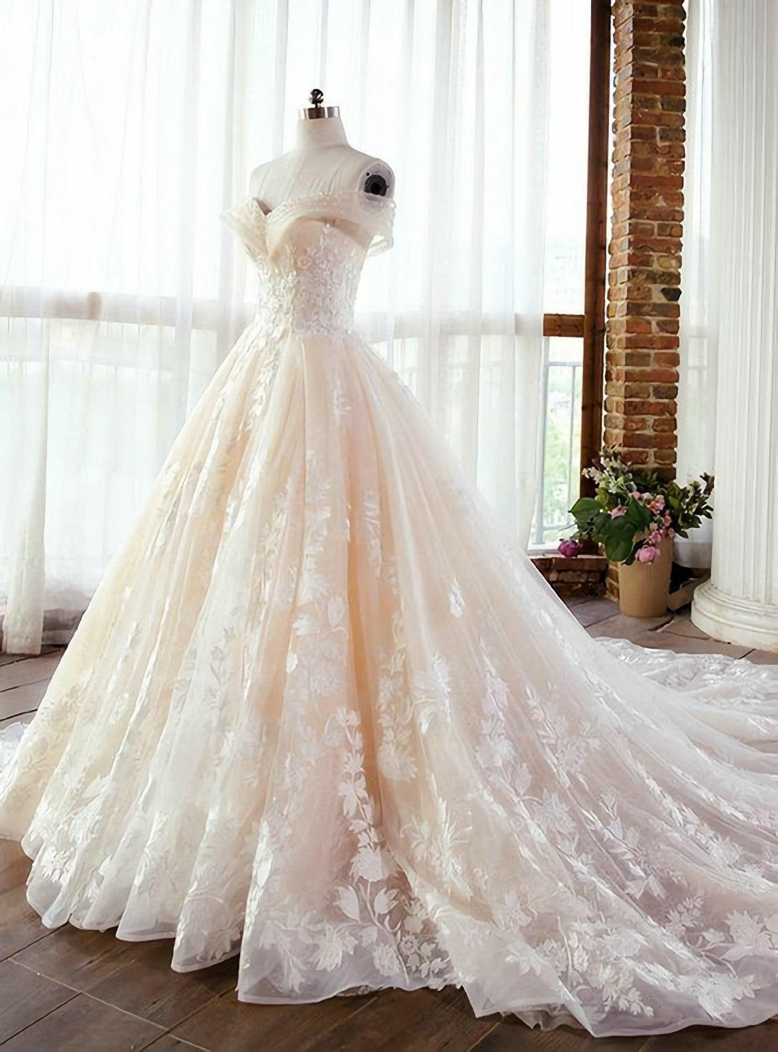 Wedding Dress, Long Tulle Prom Dress, With Lace Off The Shoulder