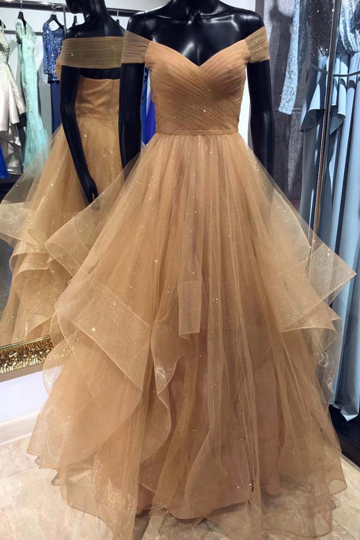 Champagne Off Shoulder Long Prom Dress with Layered Skirt