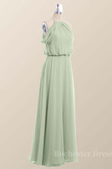 Cold Sleeve Sage Green Blouson Chiffon Long Bridesmaid Dress