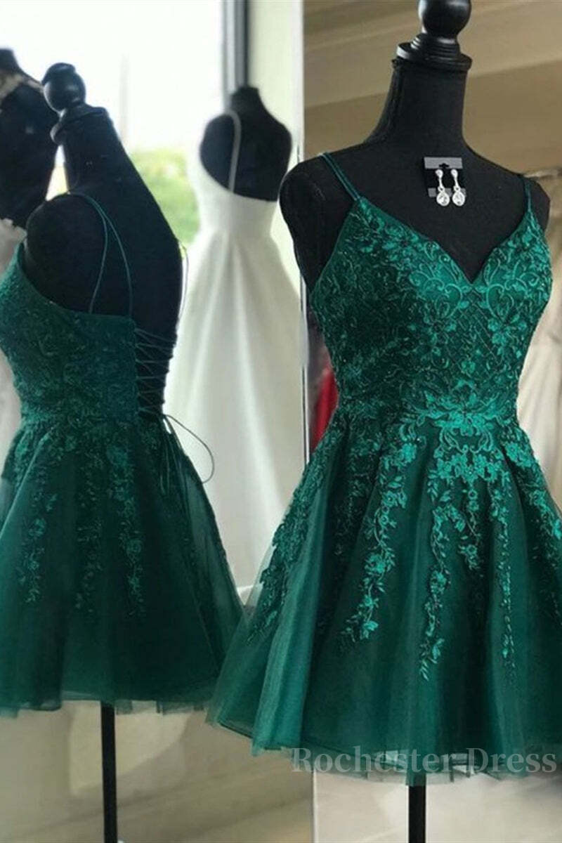 Cute A Line V Neck Backless Green Lace Prom Dress, Short Backless Green Lace Formal Graduation Homecoming Dress