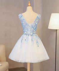 Cute Blue Lace Applique Short Prom Dress, Homecoming Dress