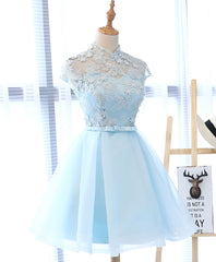Cute Blue Lace Tulle Short Prom Dress. Cute Homecoming Dress