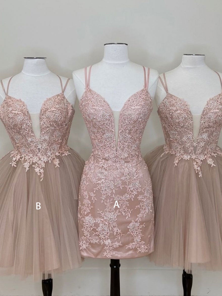 Cute tulle pink lace short prom dress, cute lace homecoming dress