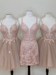 Cute tulle pink lace short prom dress, cute lace homecoming dress