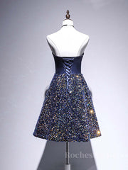 Dark Blue A-Line Sequin Lace Short Prom Dress, Cute Blue Homecoming Dress