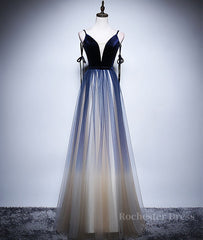 Dark blue tulle long prom dress, blue evening dress
