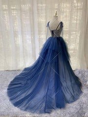 Dark blue Tulle Tiered Long Prom Dress,Elegant Formal Dress