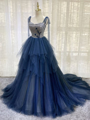Dark blue Tulle Tiered Long Prom Dress,Elegant Formal Dress