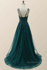 Dark Green Lace Appliques A-line Long Prom Dress